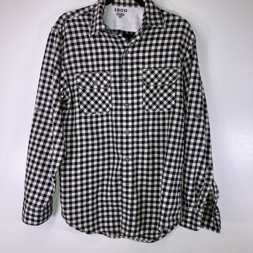 Izod Mens Small Long Sleeve Button Up Black White Check Flannel Preppy Classic